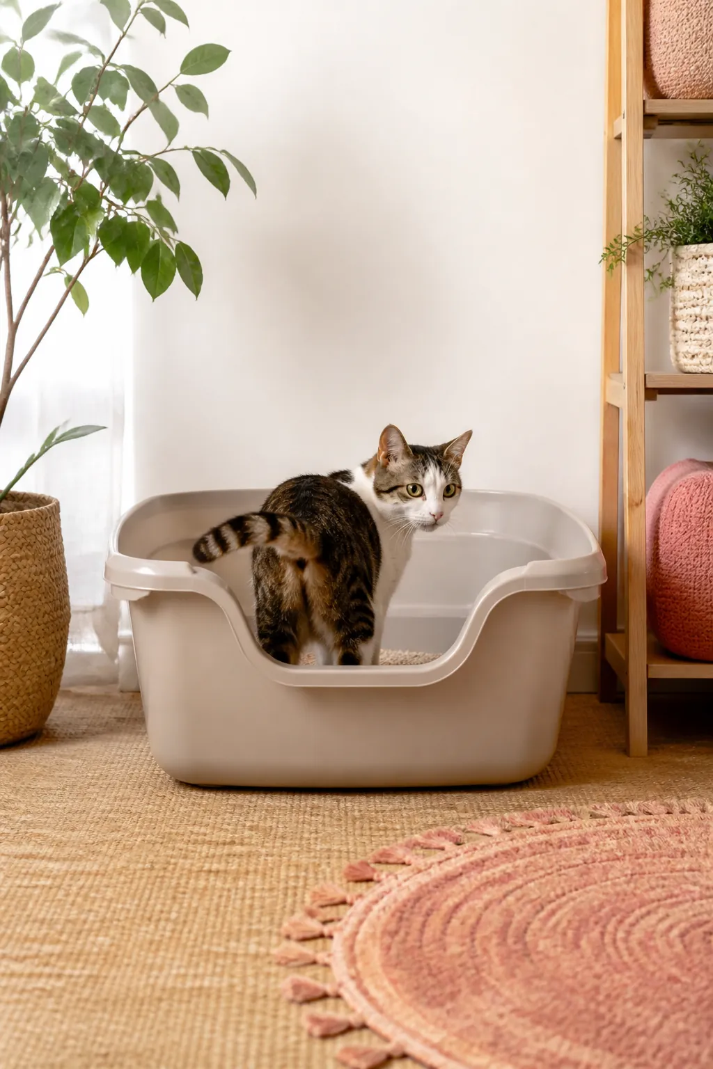 Cat turning around inside an oversized storage tub used as a litter box