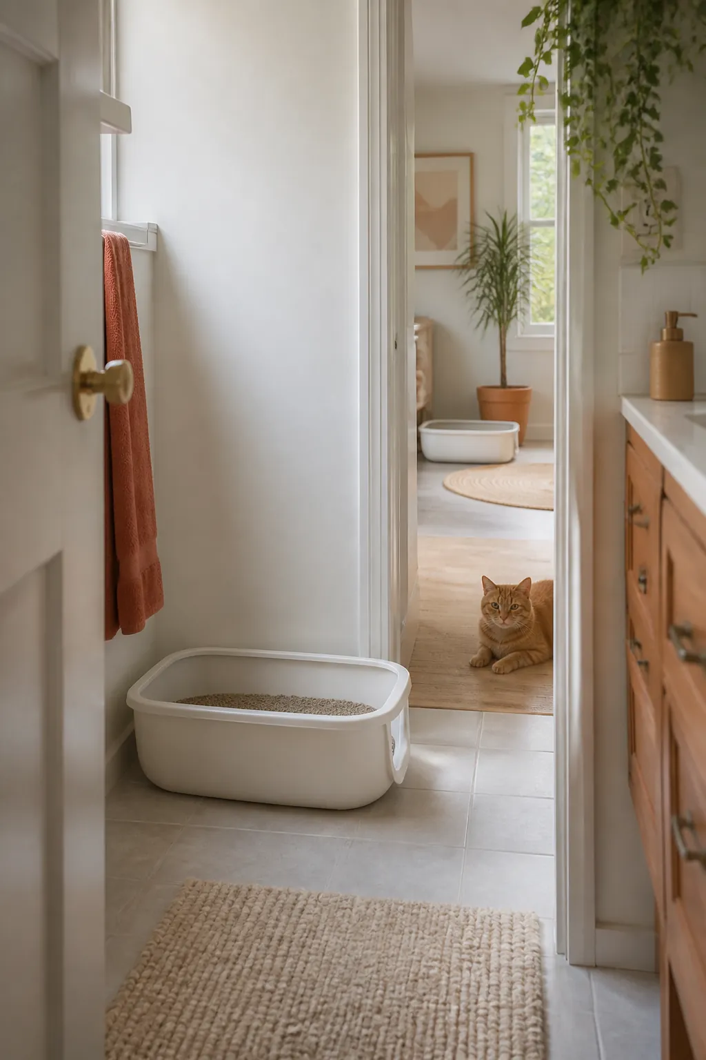 Slim litter box in a bathroom with a second box visible through the doorway