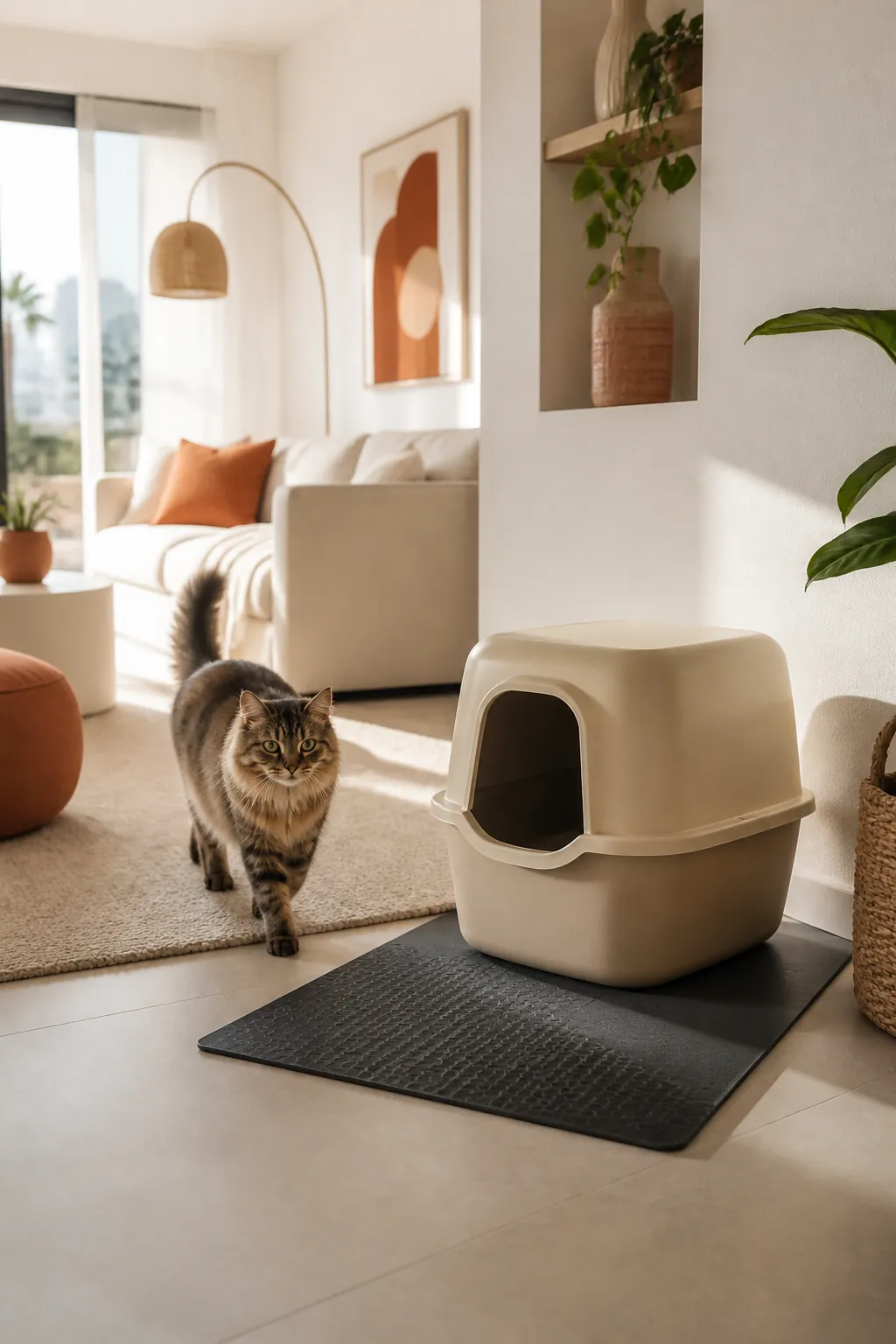 Litter box standing on a hard waterproof mat where tile meets carpet