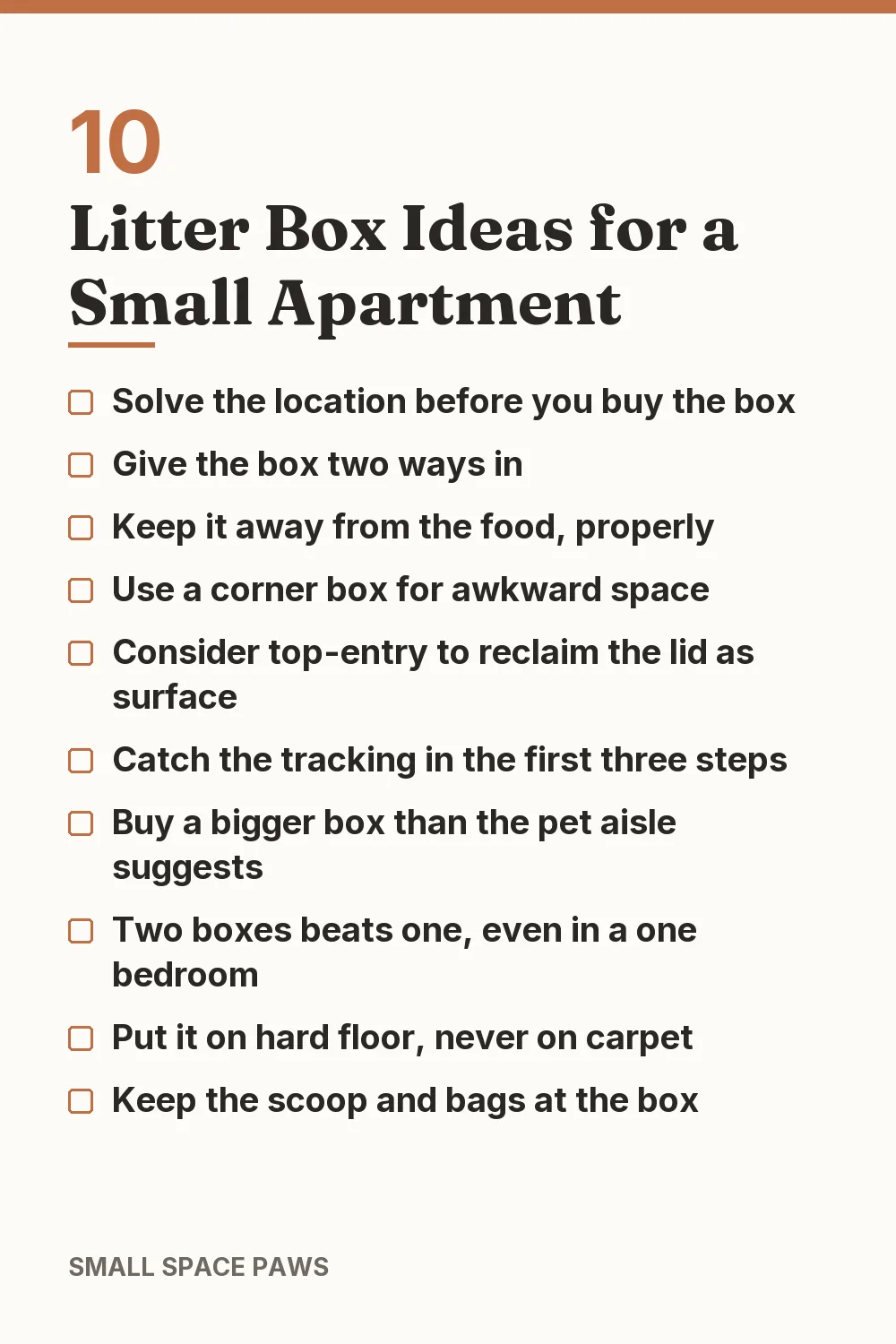 Checklist of every idea in 10 Litter Box Ideas for a Small Apartment