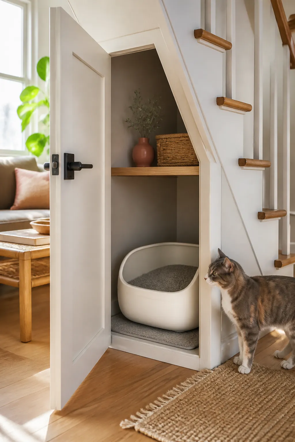 Closet door built into the tall end of a staircase opening onto a litter box just inside.