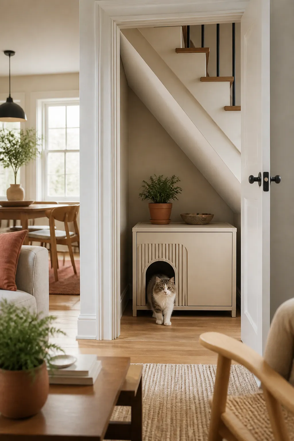 Litter box enclosure cabinet standing just inside an under-stairs doorway, low sloped ceiling visible behind it.