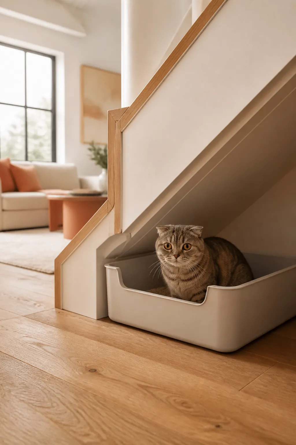 Low corner litter box tucked against the short vertical wall at the end of a staircase.