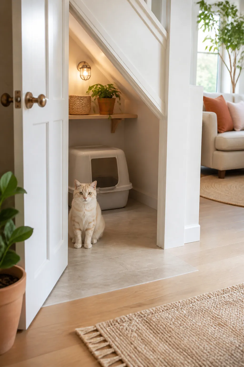 Sheet of vinyl flooring laid over bare subfloor beneath a litter box inside the closet.