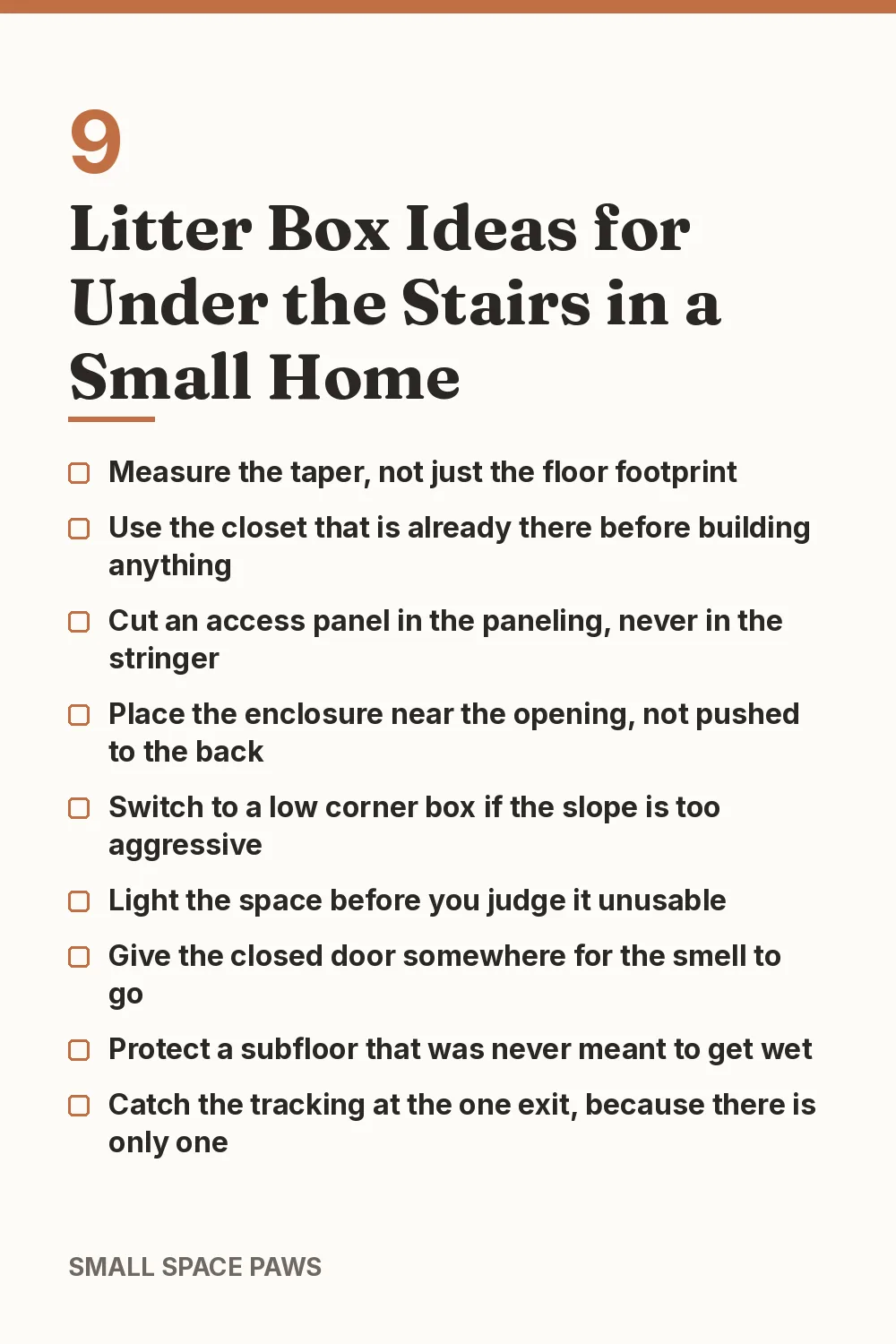 Checklist of every idea in 9 Litter Box Ideas for Under the Stairs in a Small Home