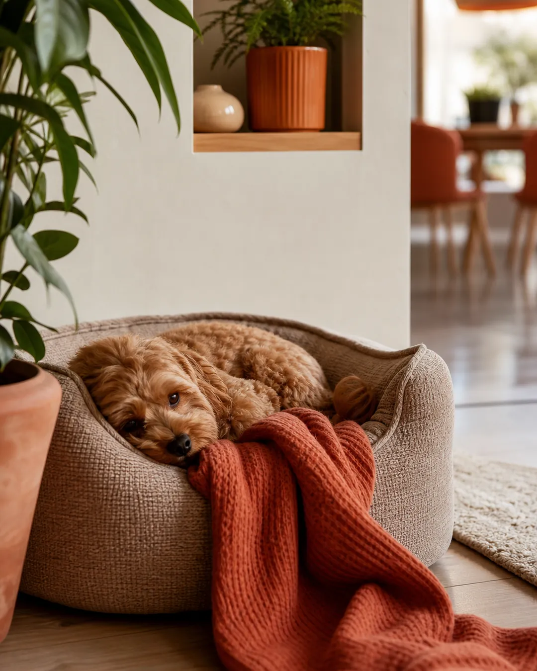 Dog resting in a bed with a folded throw draped over one side