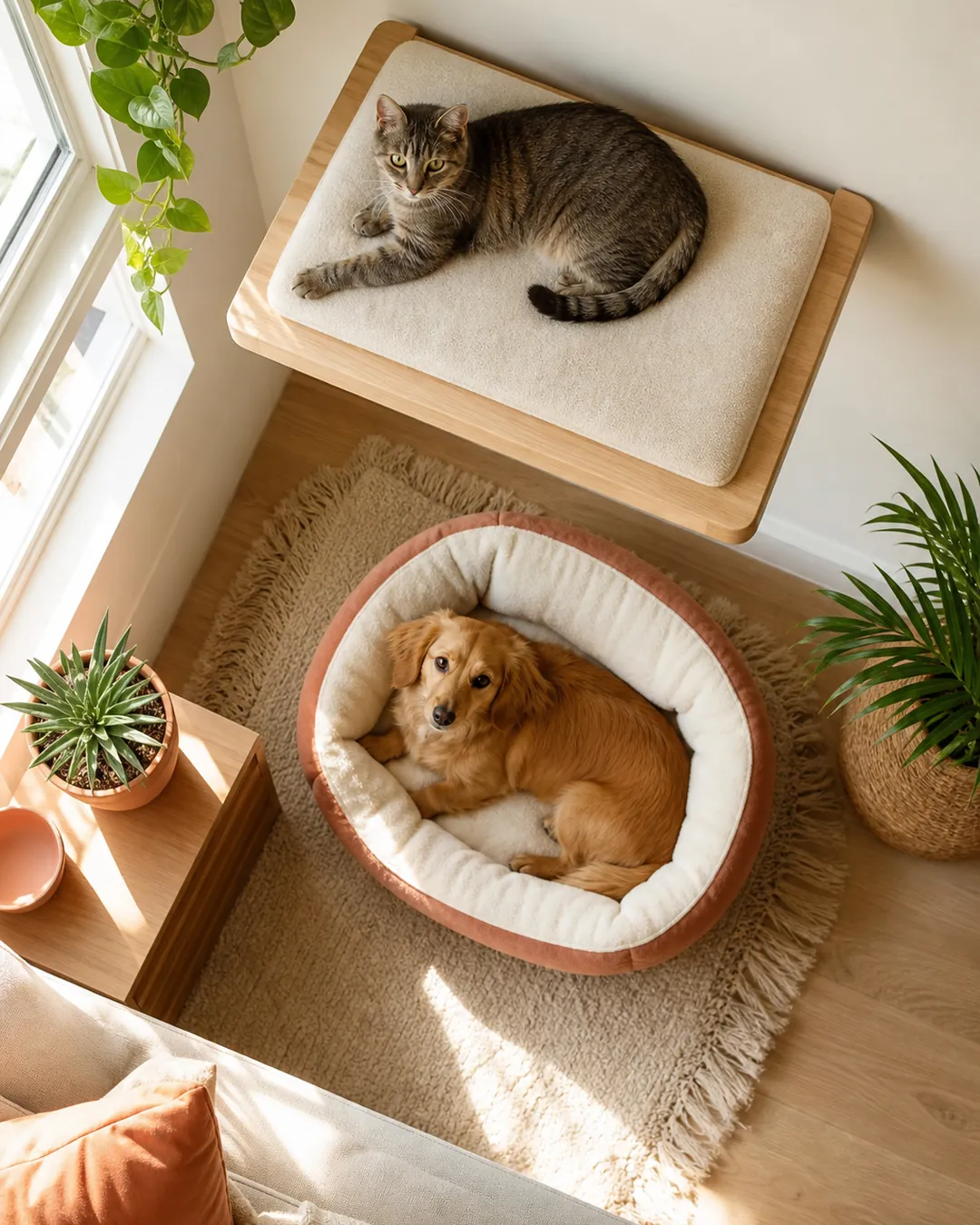 Cat platform mounted on the wall directly above a dog bed in a corner