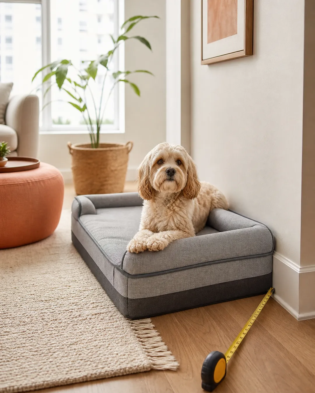 Tape measure across a corner floor beside a waiting orthopedic pet bed