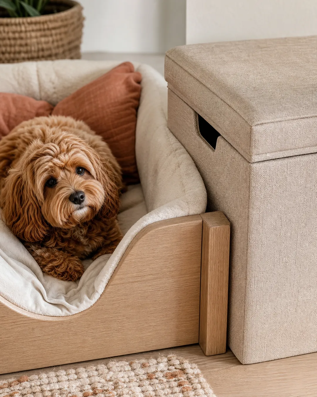 Lidded linen storage bin standing beside a pet bed in a room corner
