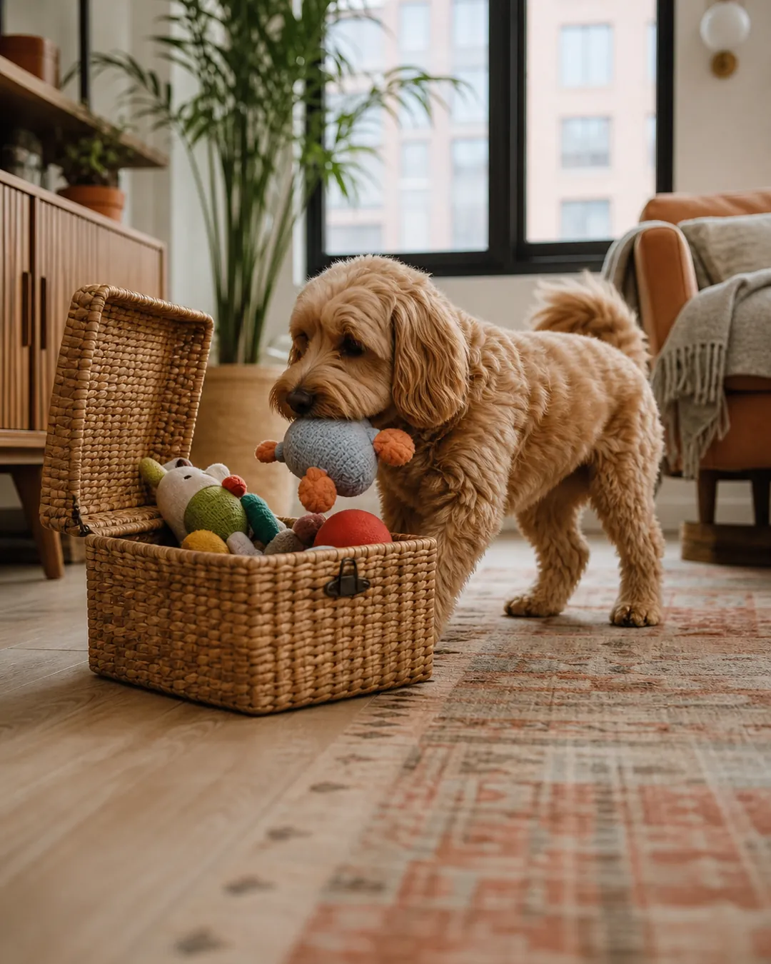 Open basket of toys at floor level with a dog taking one out of it