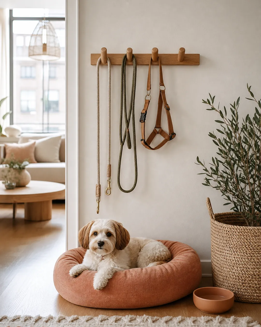 Wall hooks holding leashes and a harness mounted above a pet bed