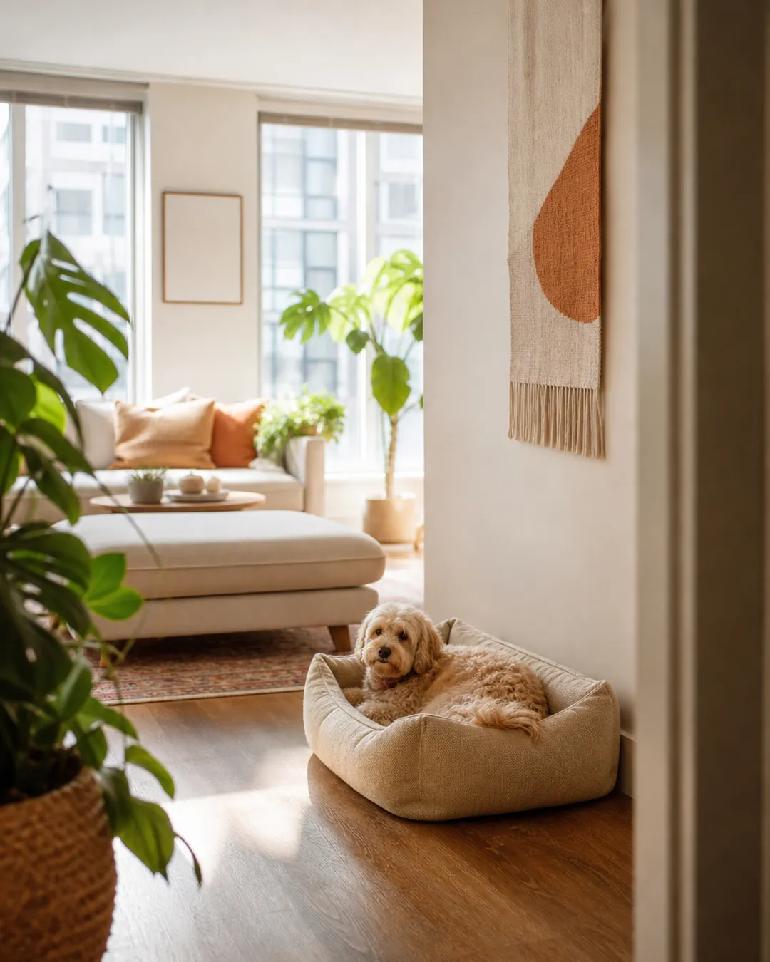 Pet bed against a bare outside wall with a hanging fabric panel beside