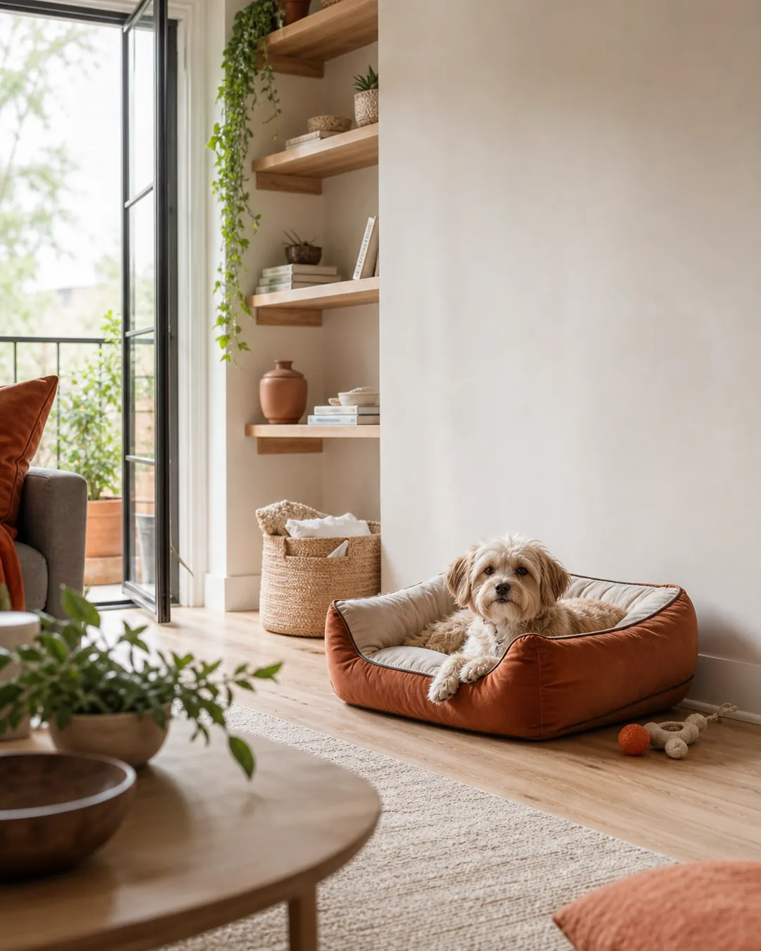 Pet bed in a corner with clear wall above and shelving on the next wall