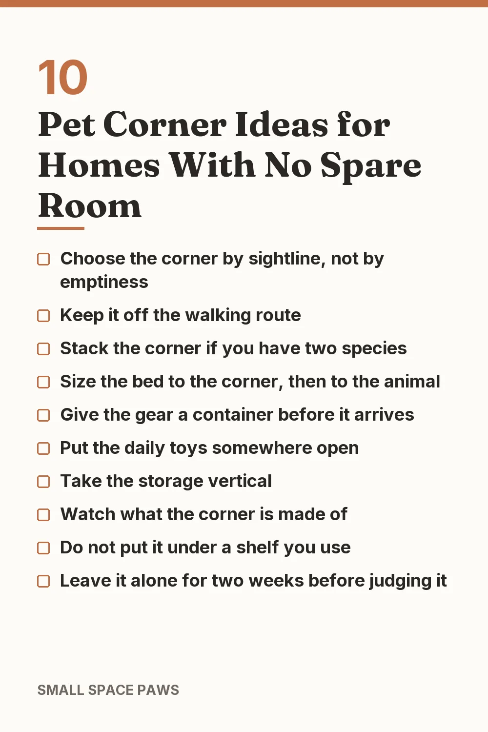 Checklist of every idea in 10 Pet Corner Ideas for Homes With No Spare Room