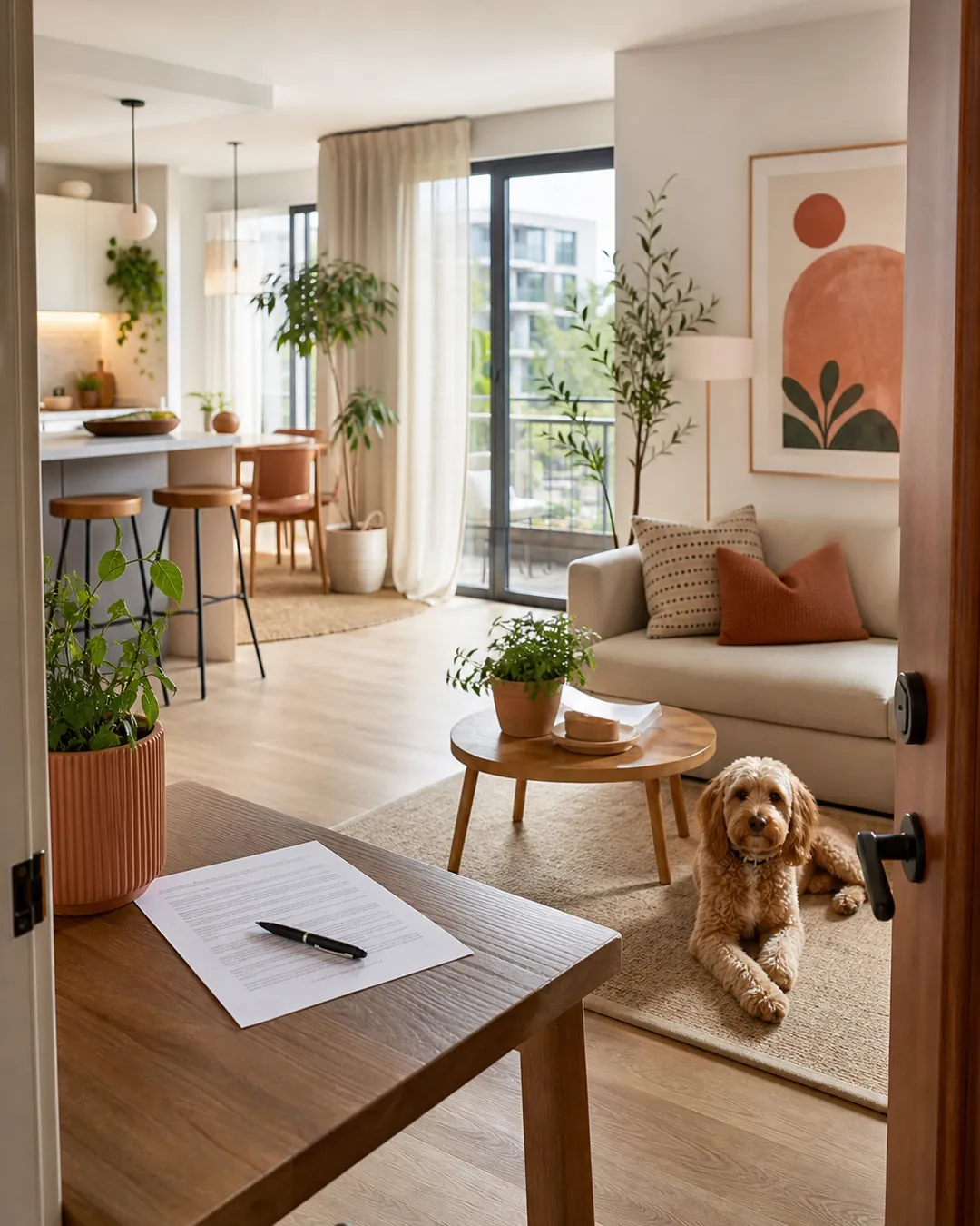 Printed lease page on a table with a pen resting across the pet clause