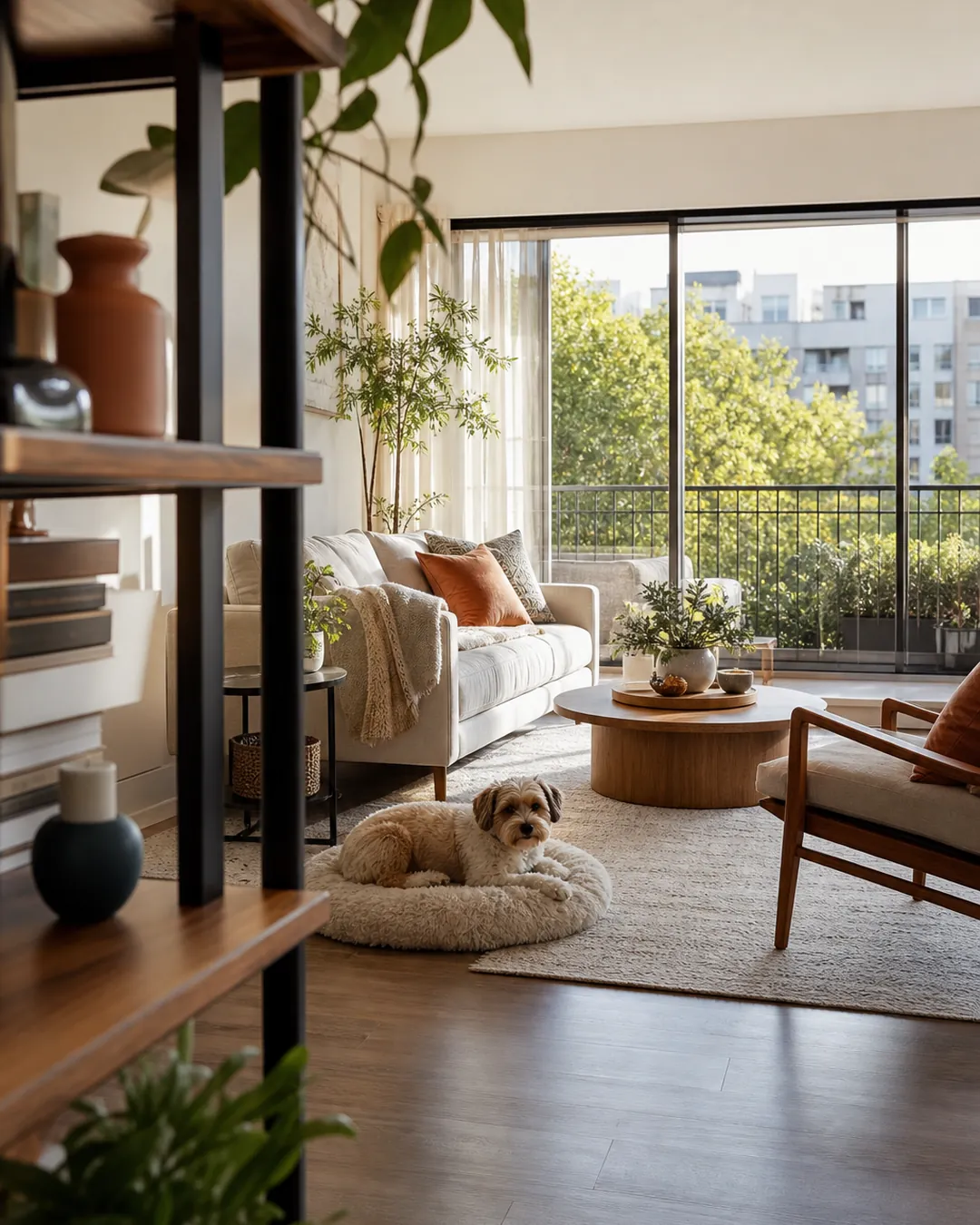 Shelf of ceramics and books overlooking a living room with a dog on the rug
