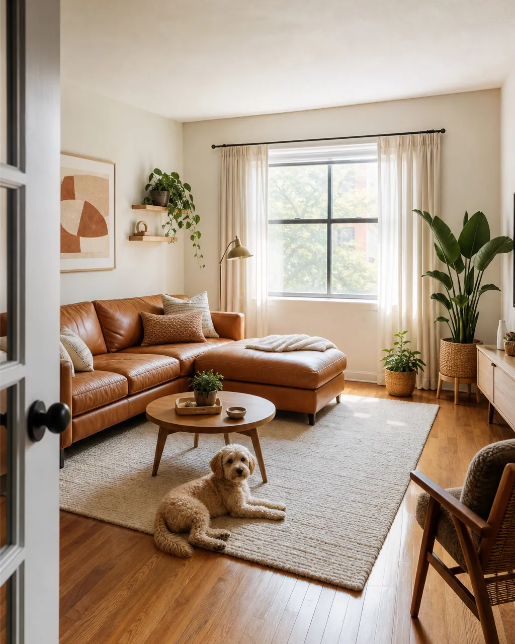 Leather sofa and sealed wood floor with a dog lying on a washable rug