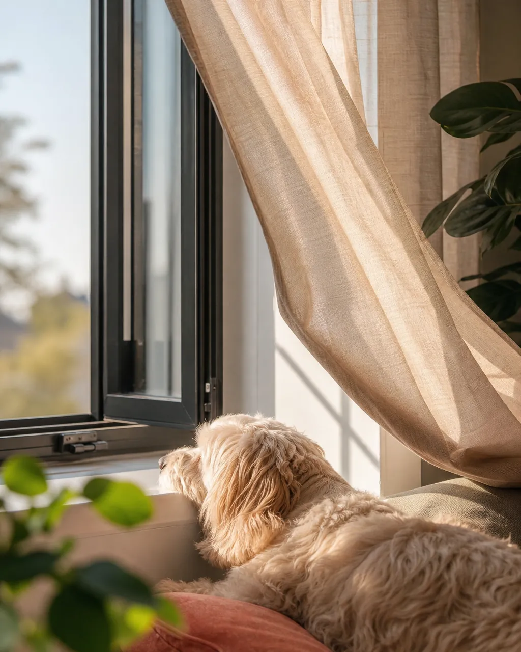 Apartment window propped open with the curtain lifting in the draft