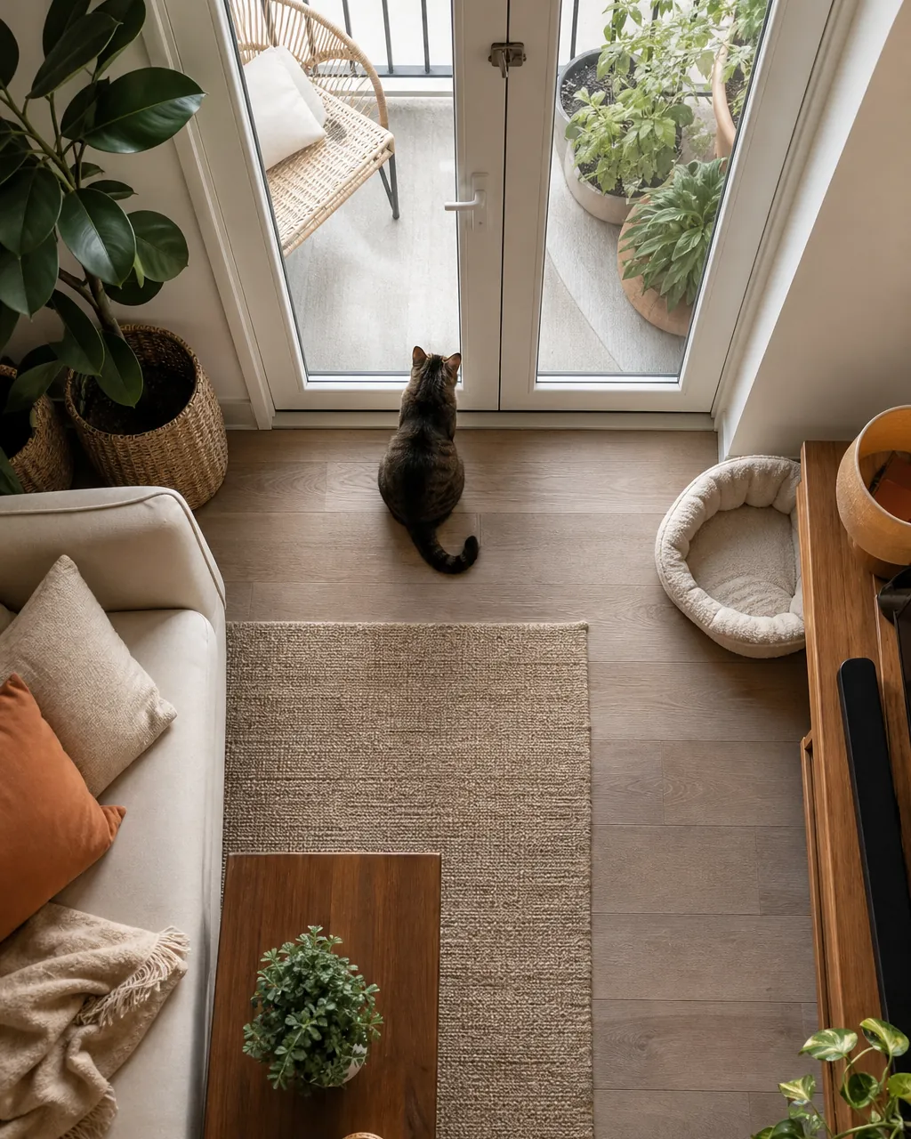 Balcony door closed and latched with a cat sitting inside looking out