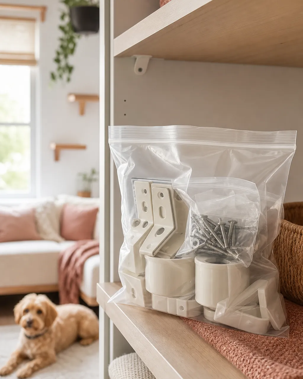 Labeled bag of brackets, cups and spare fittings sitting on a closet shelf