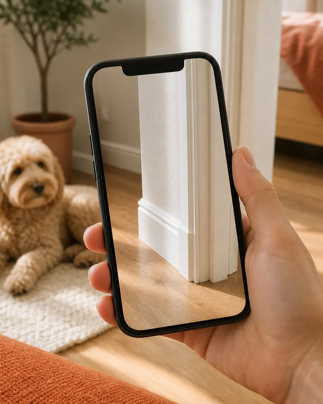 Phone held up photographing an empty room's baseboard and door frame