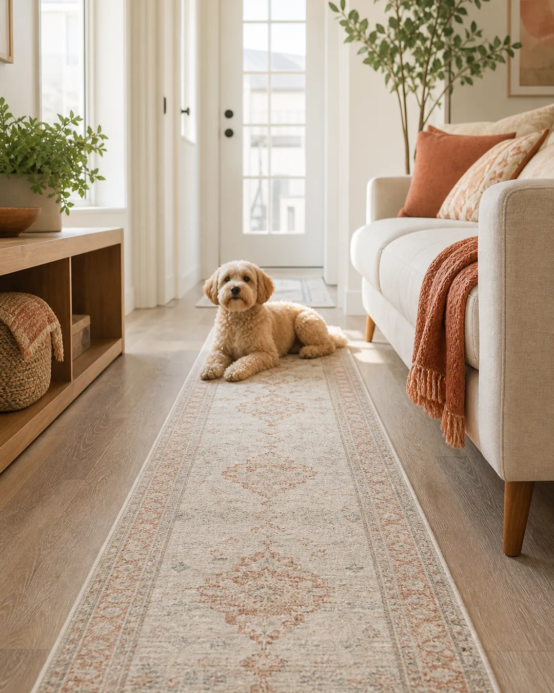 Washable runner rug laid along the route between a door and a sofa