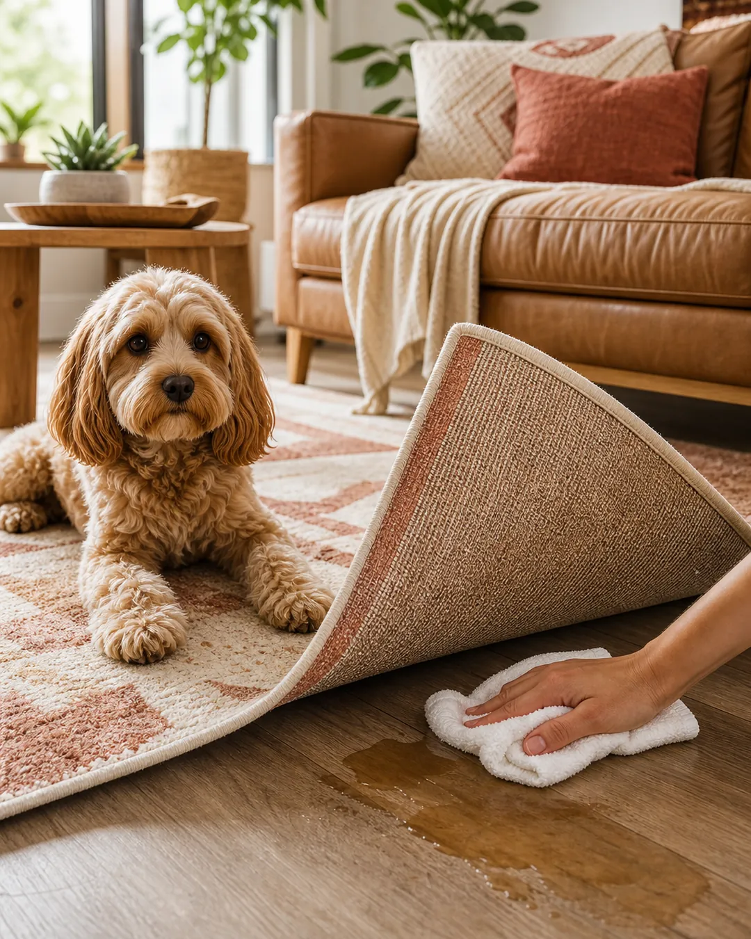 Rug corner lifted to show the floor underneath being blotted with a towel