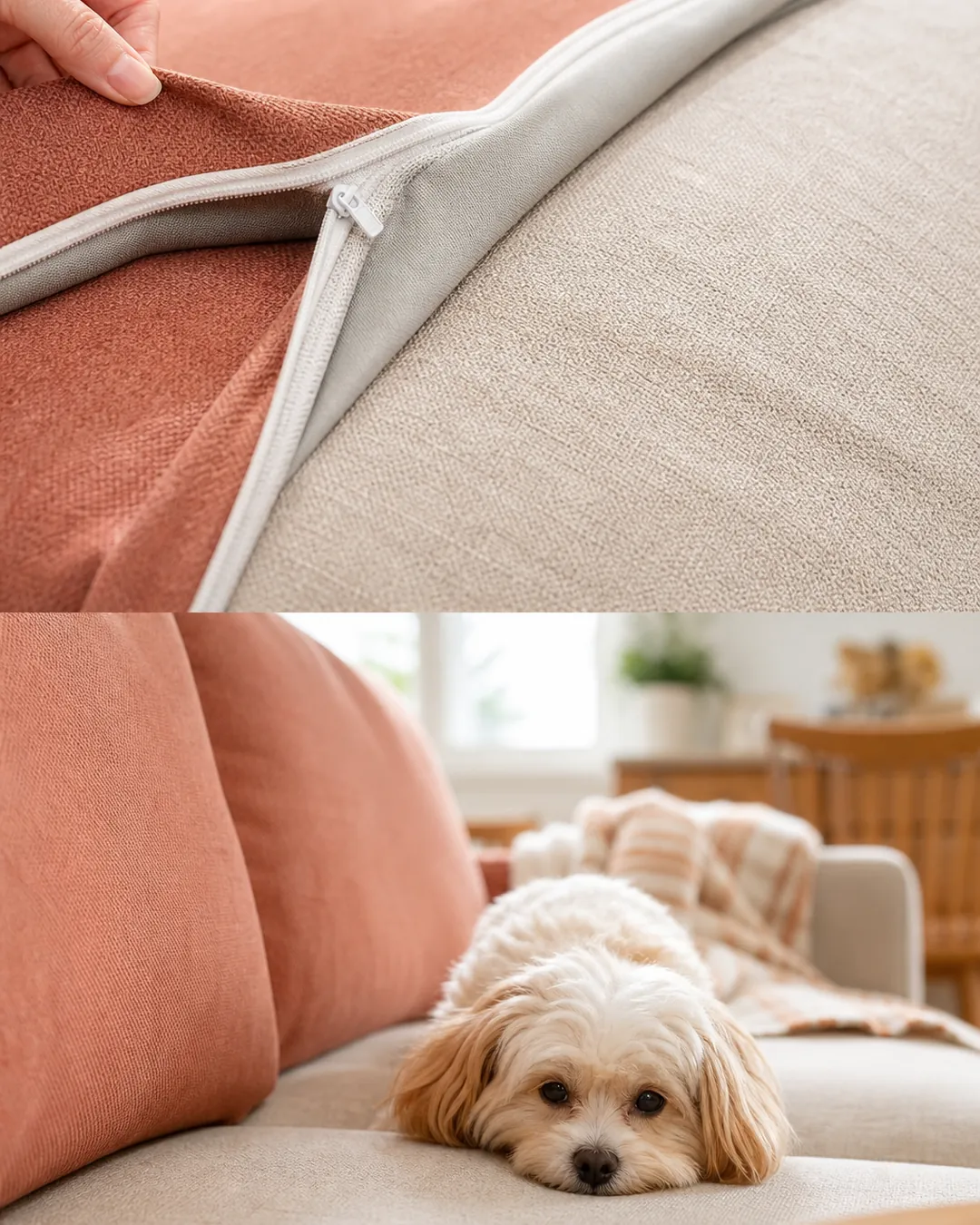 Hand lifting the edge of a fabric cover fitted over a sofa cushion