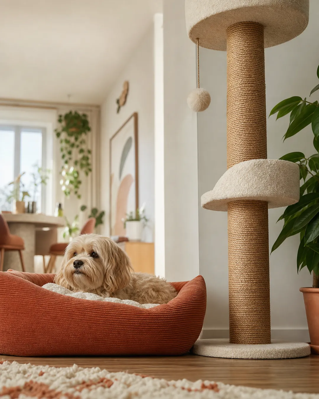 Tall sisal scratching post standing beside a pet bed with a dog resting in it