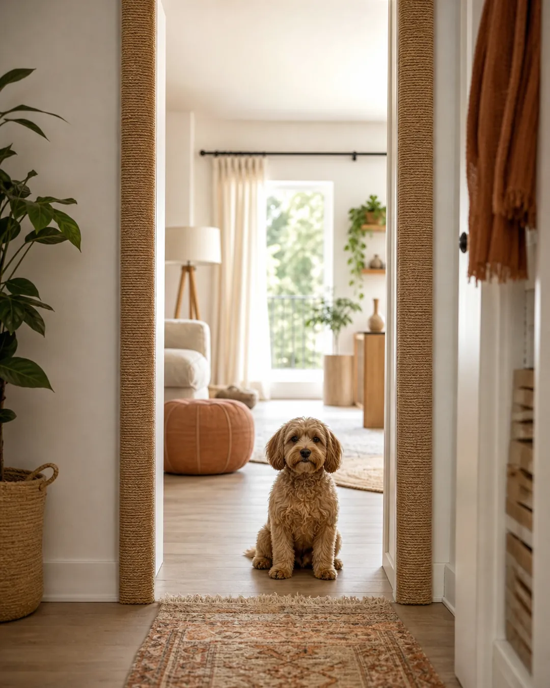 Dog sitting in a bright open doorway between two rooms in an apartment