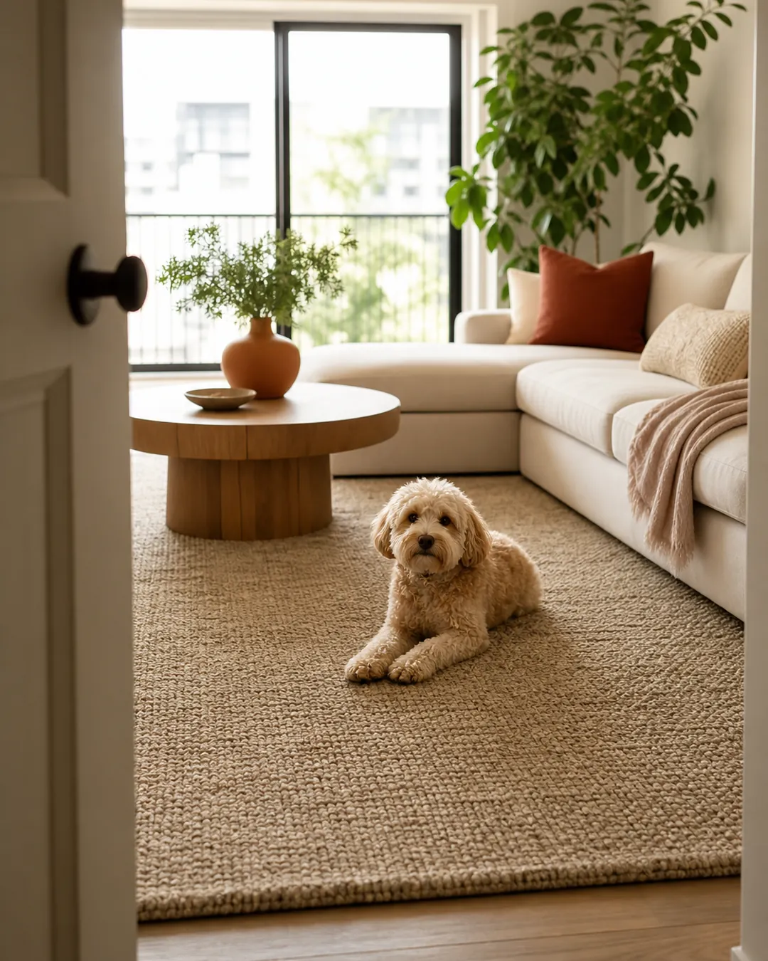 Thick rug with a pad beneath covering the hard floor where a dog runs