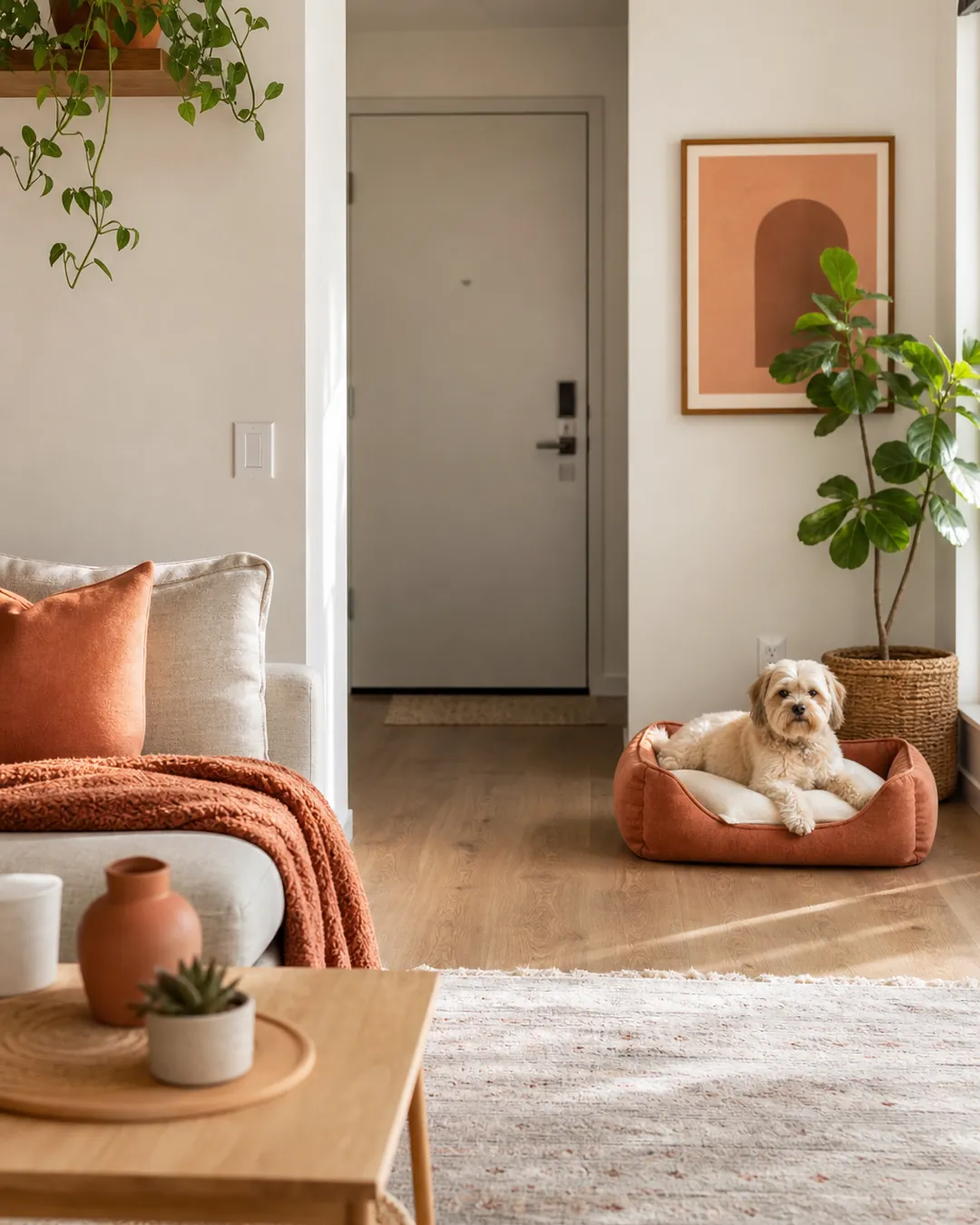 Dog bed positioned around a corner out of sight of the front door