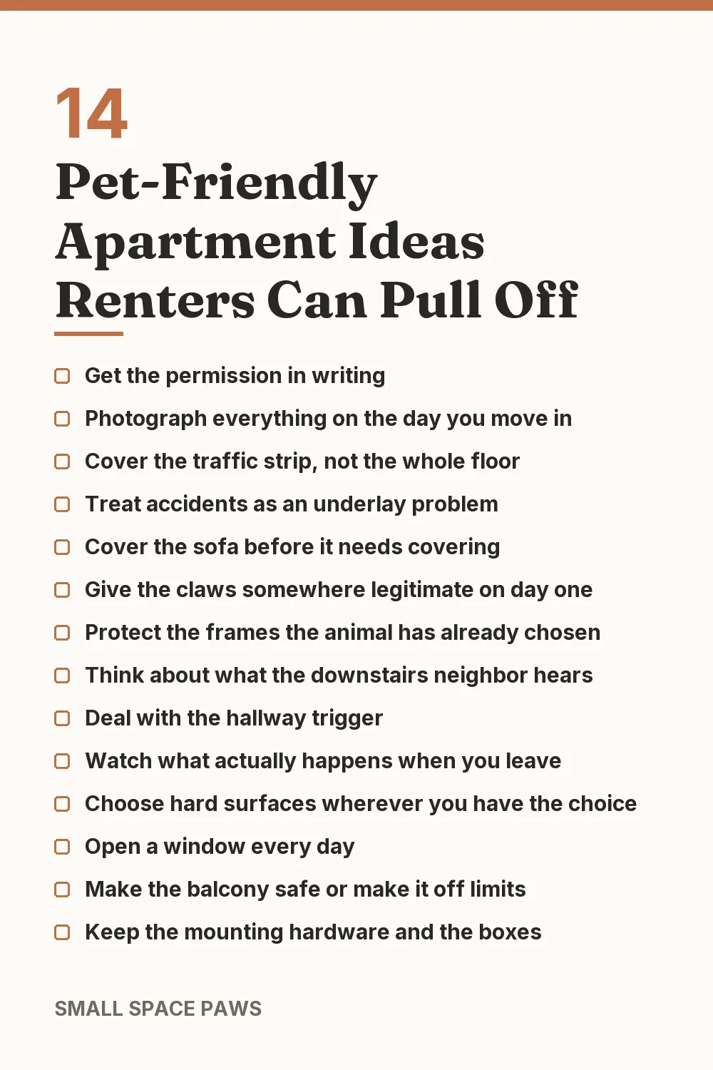 Checklist of every idea in 14 Pet-Friendly Apartment Ideas Renters Can Pull Off
