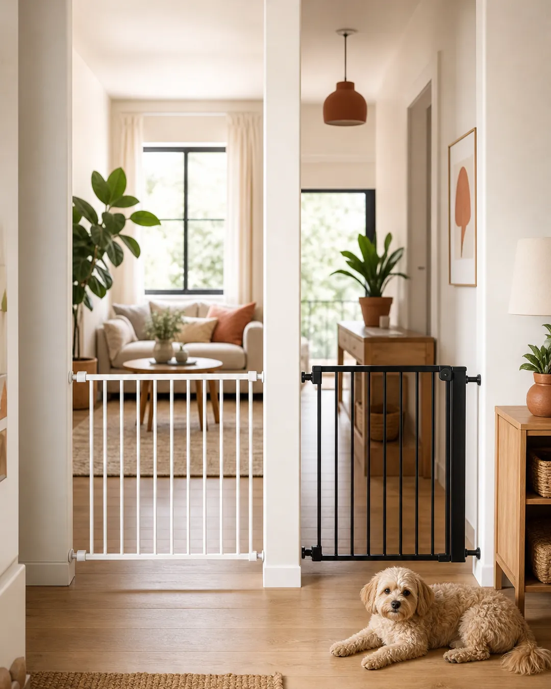 Metal pet gate fitted across a doorway with a dog lying beside it