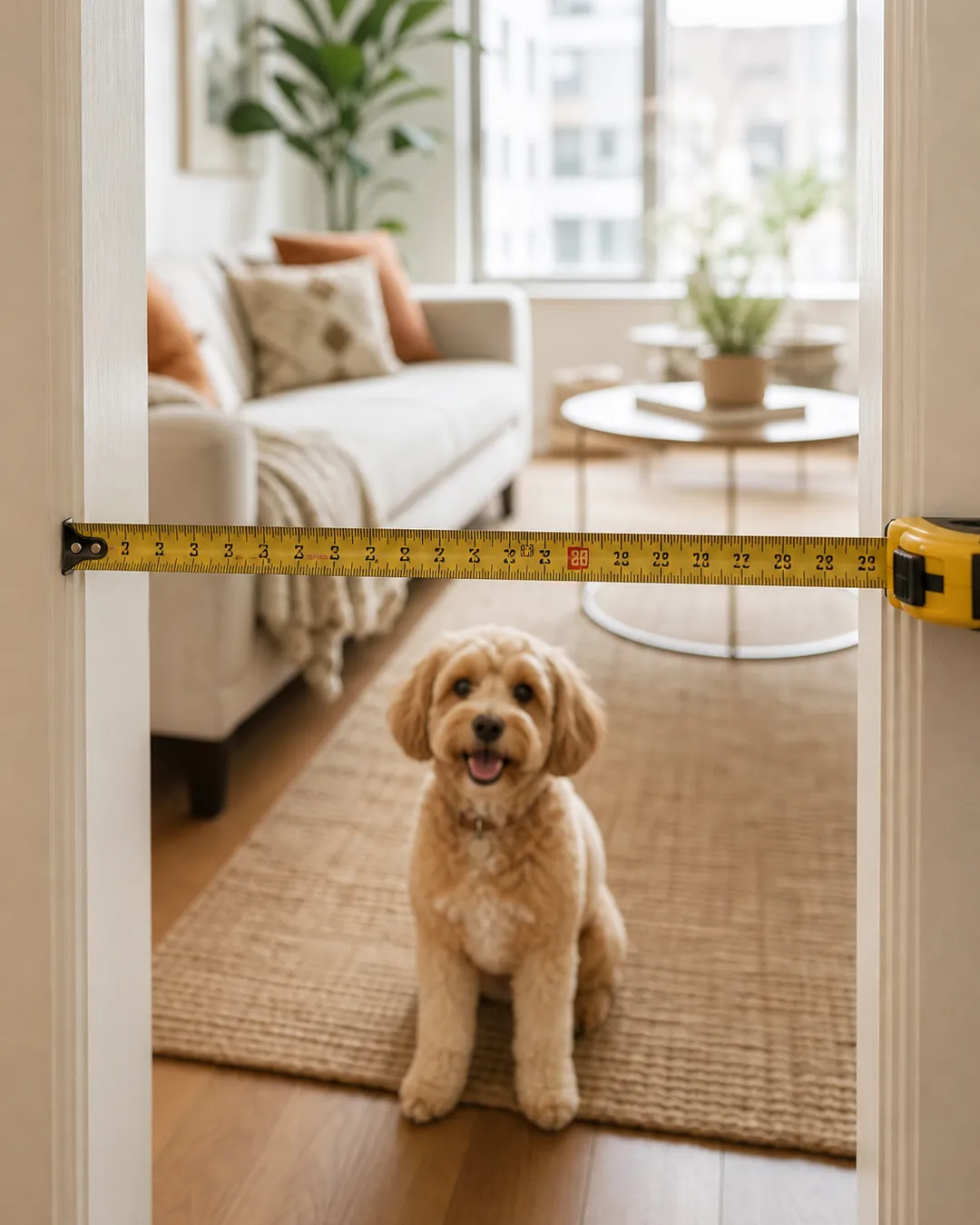 Tape measure held across a doorway opening at waist height