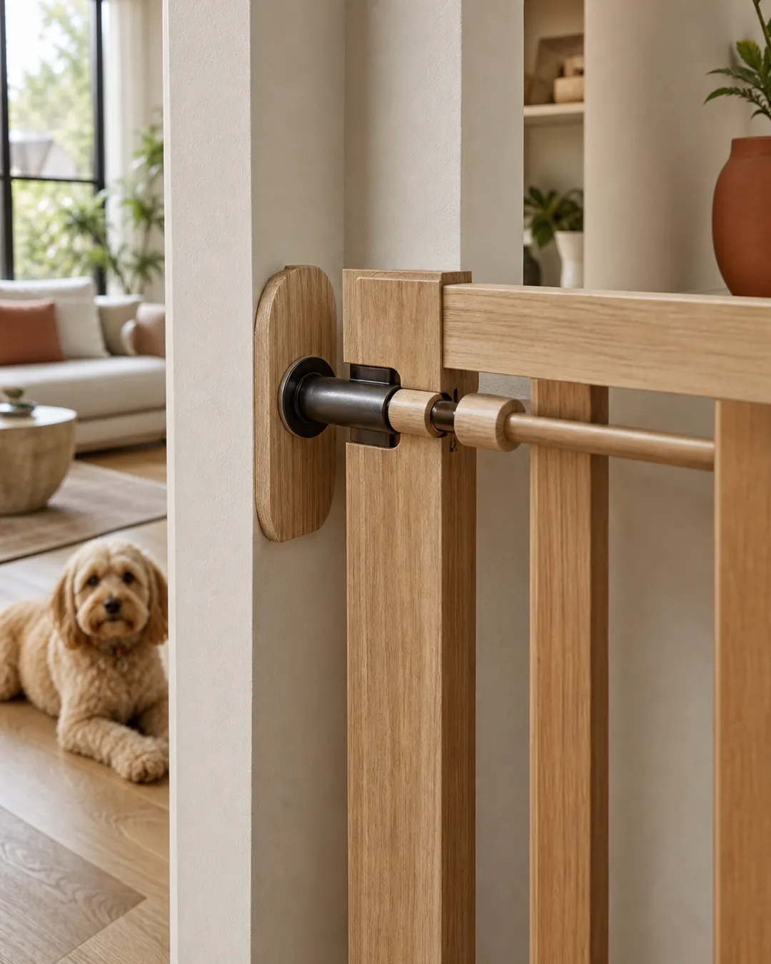Close view of a gate mounting bracket fixed to a wall beside a wooden rail