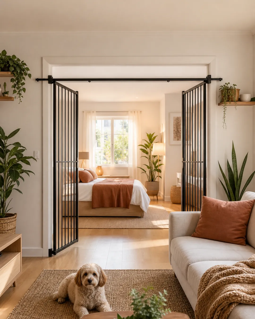 Wide walk-through gate spanning a broad opening between two rooms