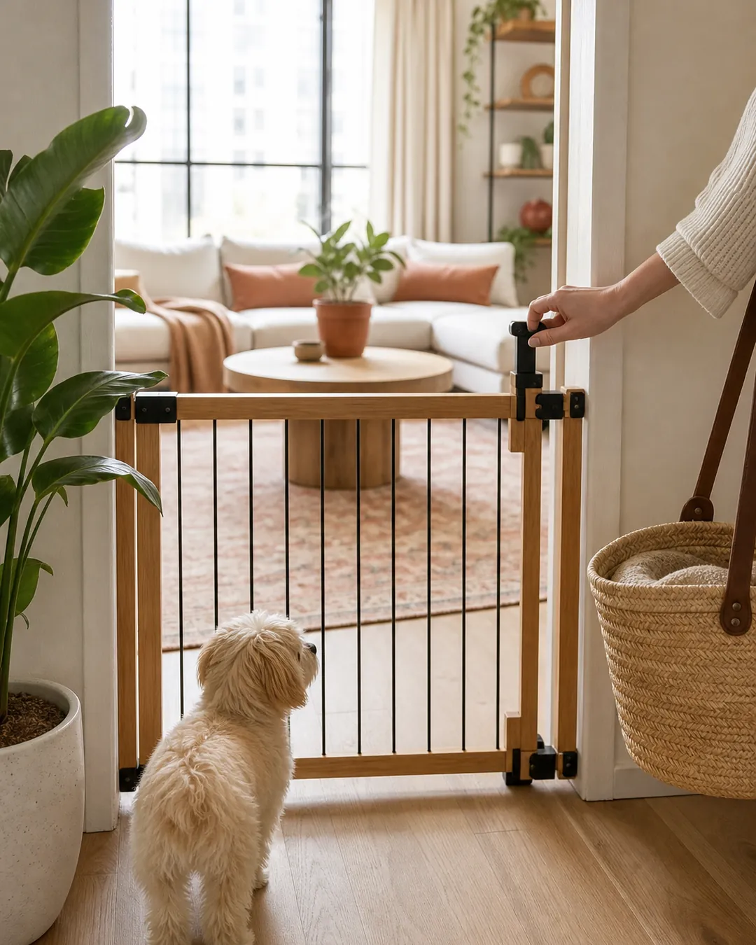 Gate door latch lifted with one hand while the other carries a basket