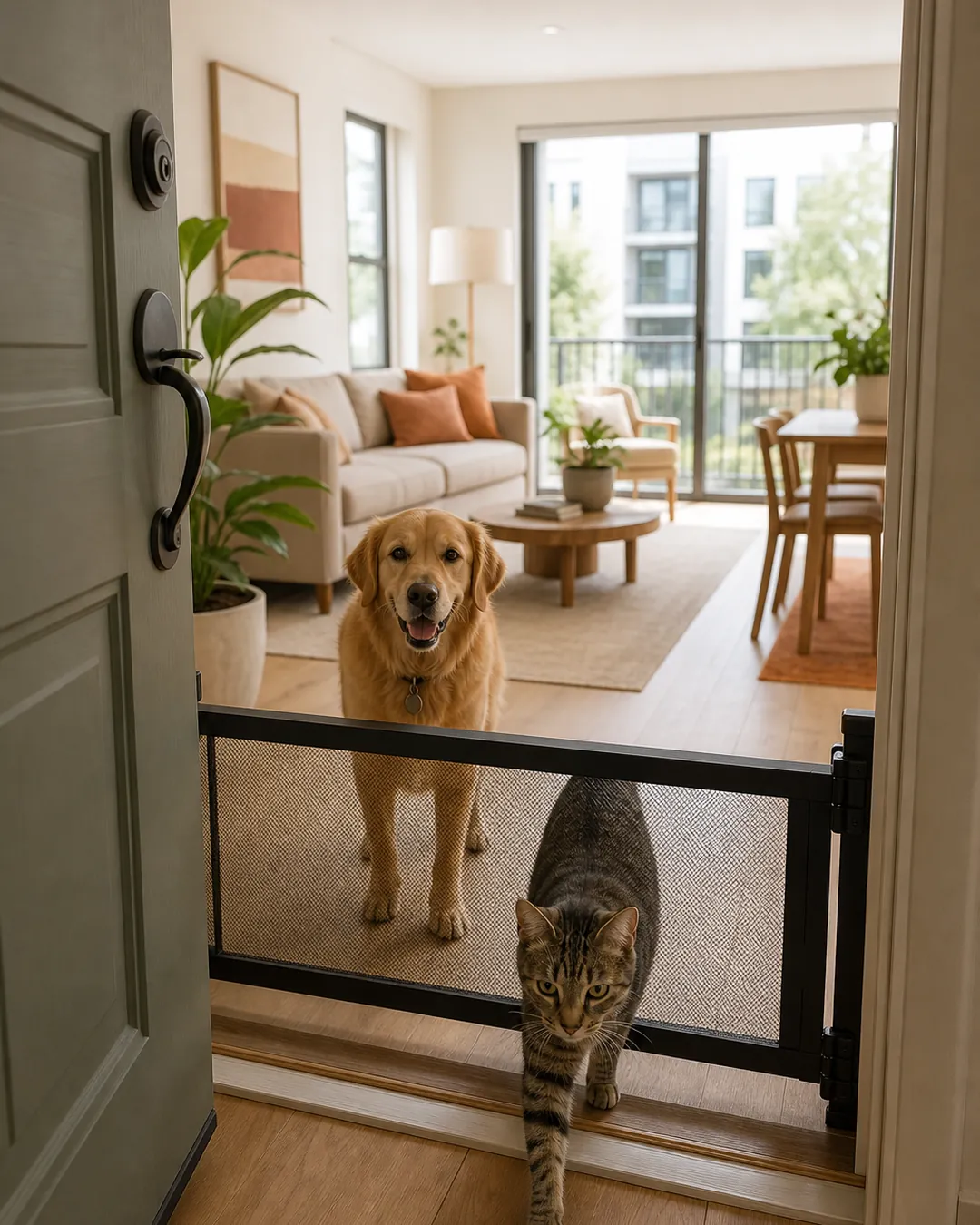 Cat stepping over a mesh pet gate while a dog stands waiting behind it