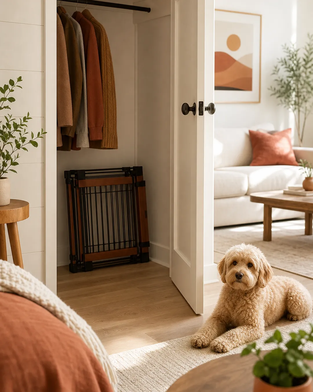 Folded pet gate leaning flat against the inside wall of a closet