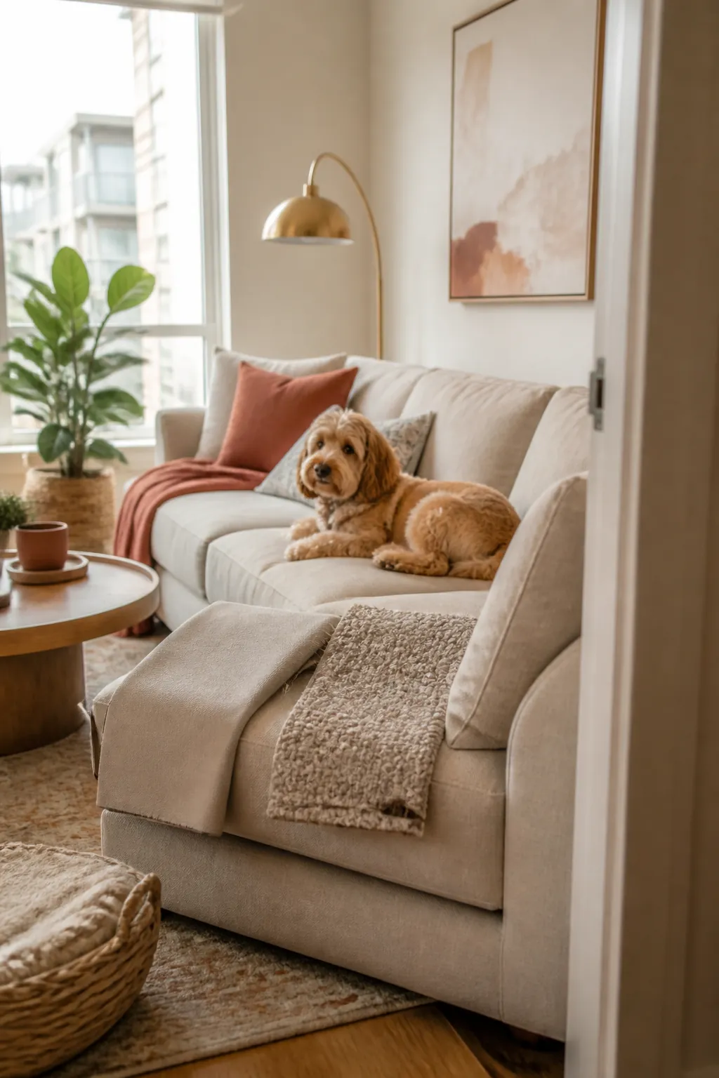 Cozy small living room with a small dog resting on a beige couch, a knitted throw folded over one cushion