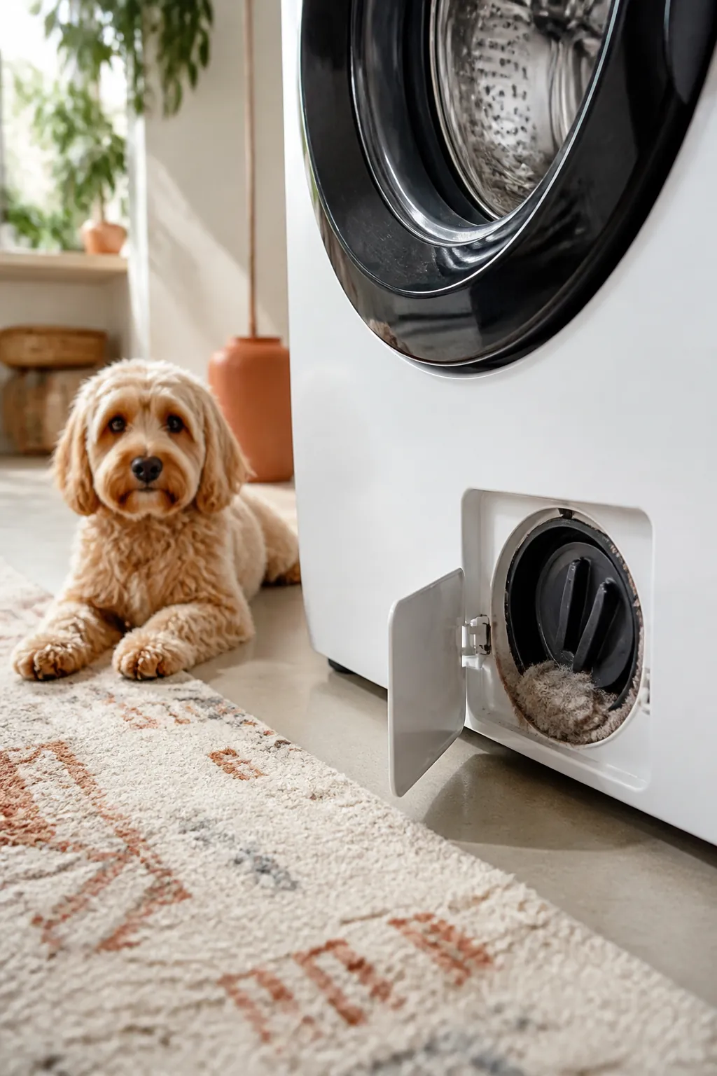 Front-load washing machine's small drain filter door open showing trapped pet hair inside