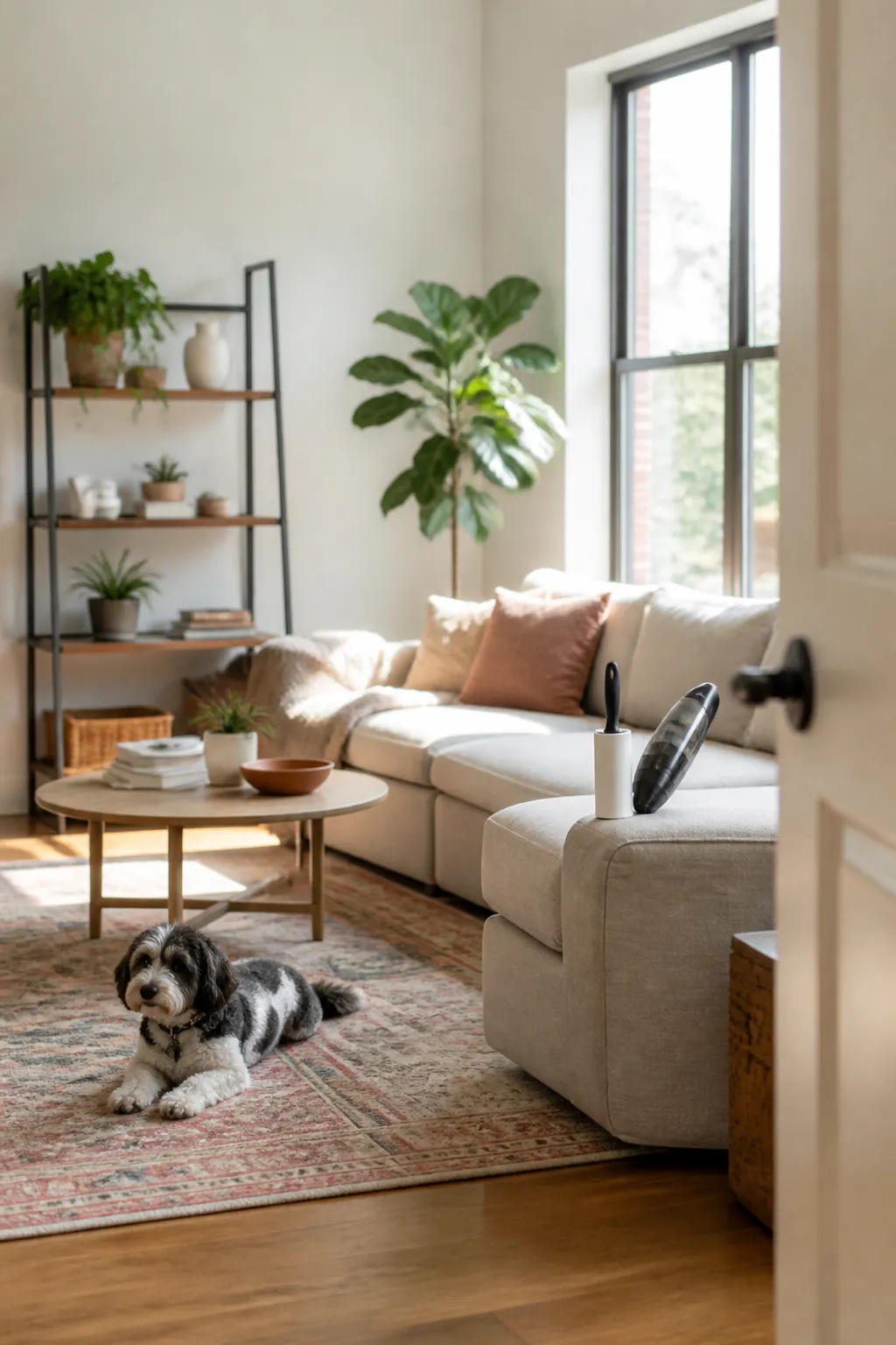 Small living room with a black and white dog lying on a patterned rug beside a sectional couch