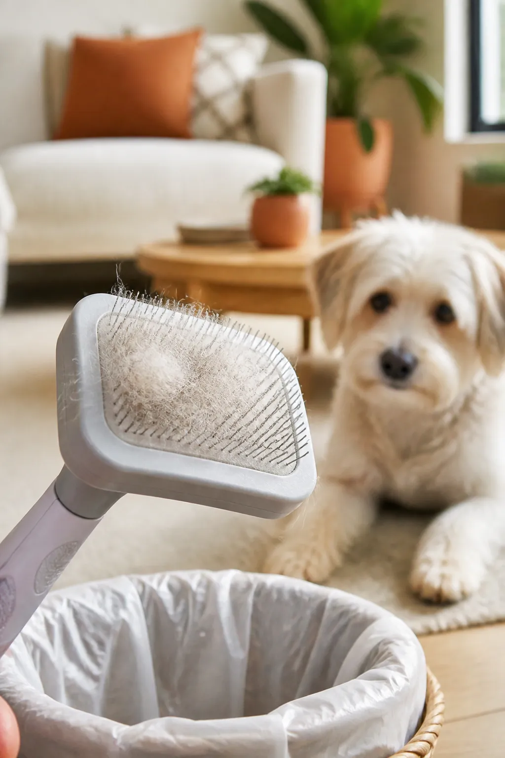 Pet grooming brush covered in loose fur held over an open trash bag in a bathroom