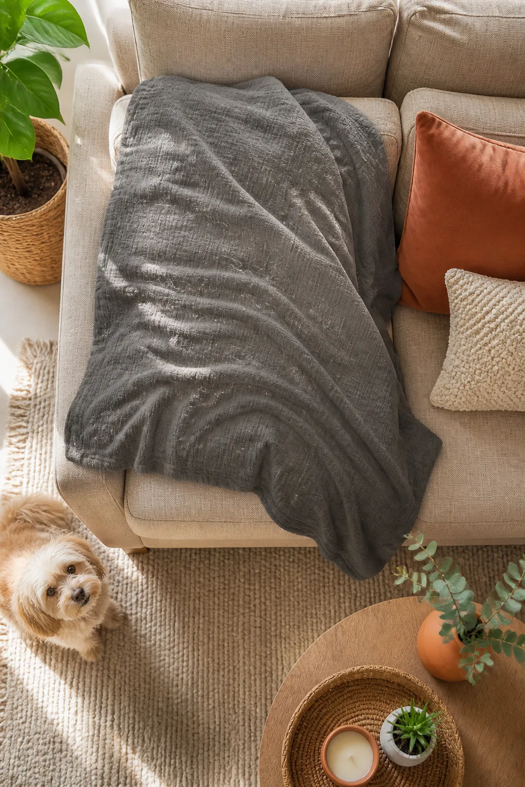 Gray washable throw blanket draped over one couch cushion covered in pet fur
