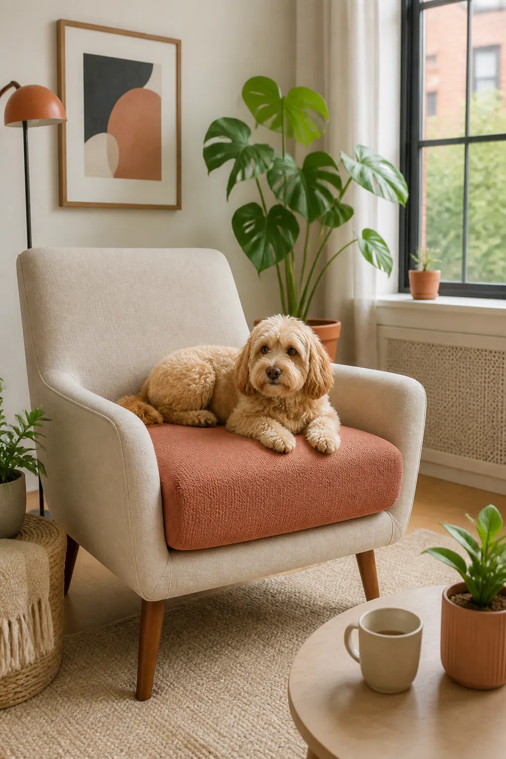 Fitted furniture protector cover stretched over an armchair cushion in a small apartment