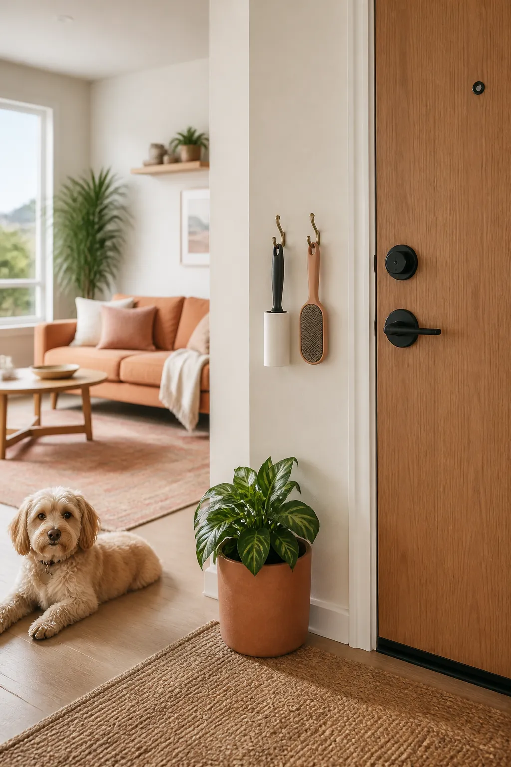 Lint roller and rubber pet hair brush hanging on hooks beside an apartment entry door