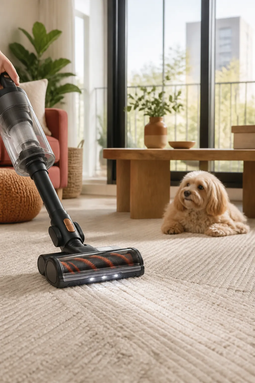 Cordless stick vacuum moving across a textured rug with a small dog lying nearby