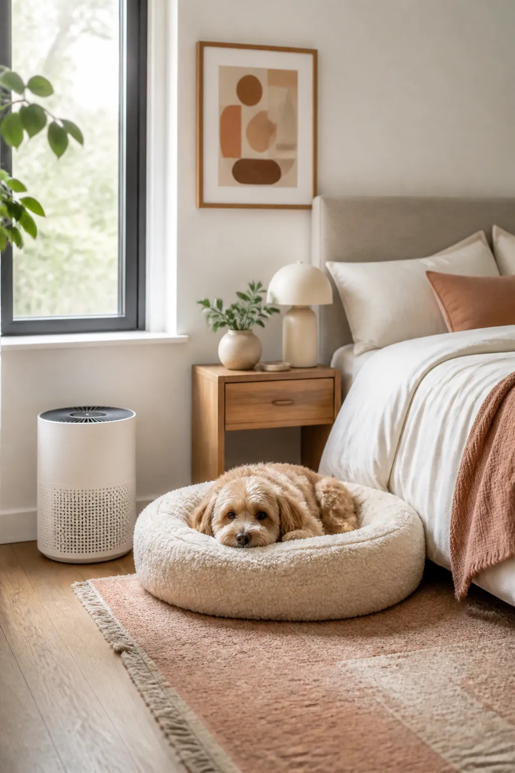 Compact air purifier running on the floor beside a pet bed in a small bedroom