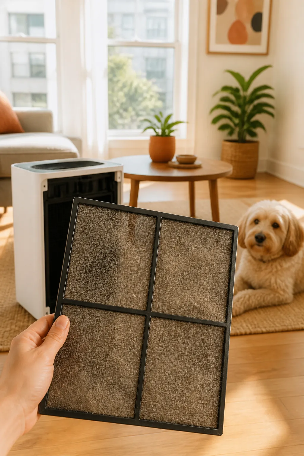 Air purifier prefilter screen removed and covered with a visible layer of trapped pet hair